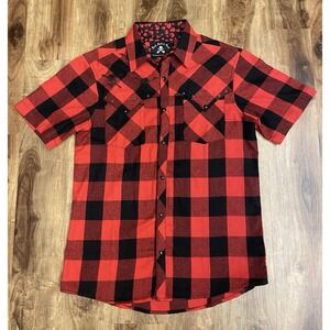 Rock Roll N Soul "Hetfield" Flannel Shirt Short Sleeve Red Plaid Pearl Snap Sz M